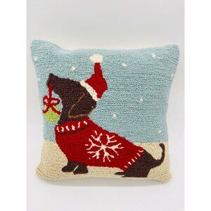 Grandin Road Christmas Dachshund Dog Wool Hooked Pillow 16x16